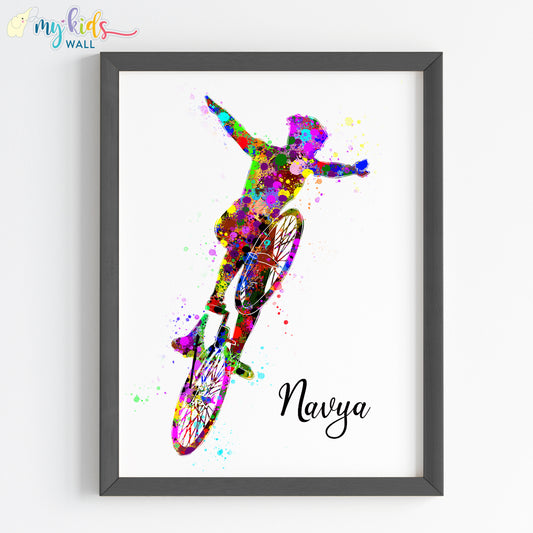 Cyclist Girl Multicolor Personalized Wall Art (Framed)