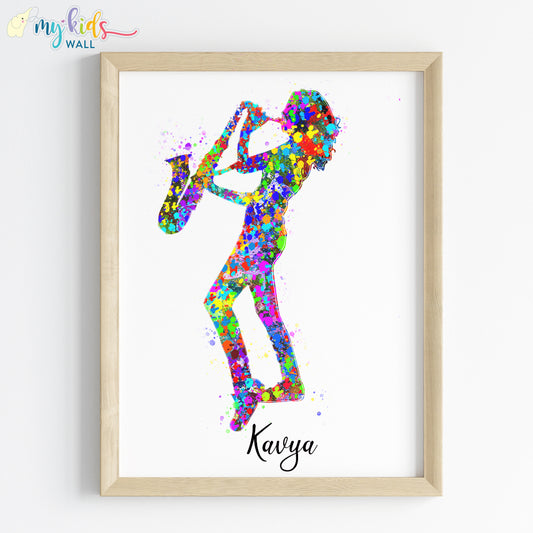 Saxophone Player Girl Personalised Wall Art (Framed)