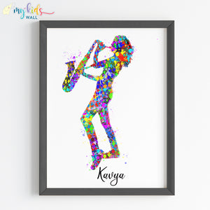 'Saxophone Player' Girl Personalised Wall Art (Framed) New