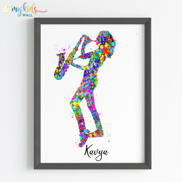 Load image into Gallery viewer, &#39;Saxophone Player&#39; Girl Personalised Wall Art (Framed) New
