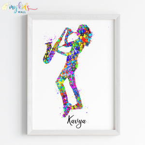 'Saxophone Player' Girl Personalised Wall Art (Framed) New