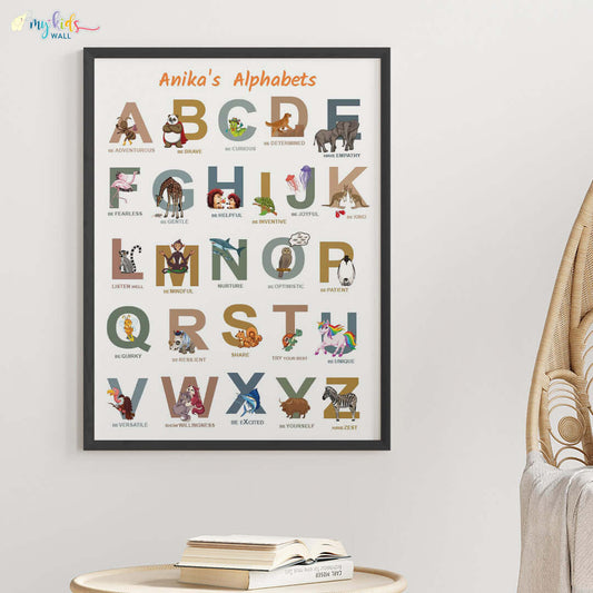 Animal-themed alphabet black wall frame of positive emotions