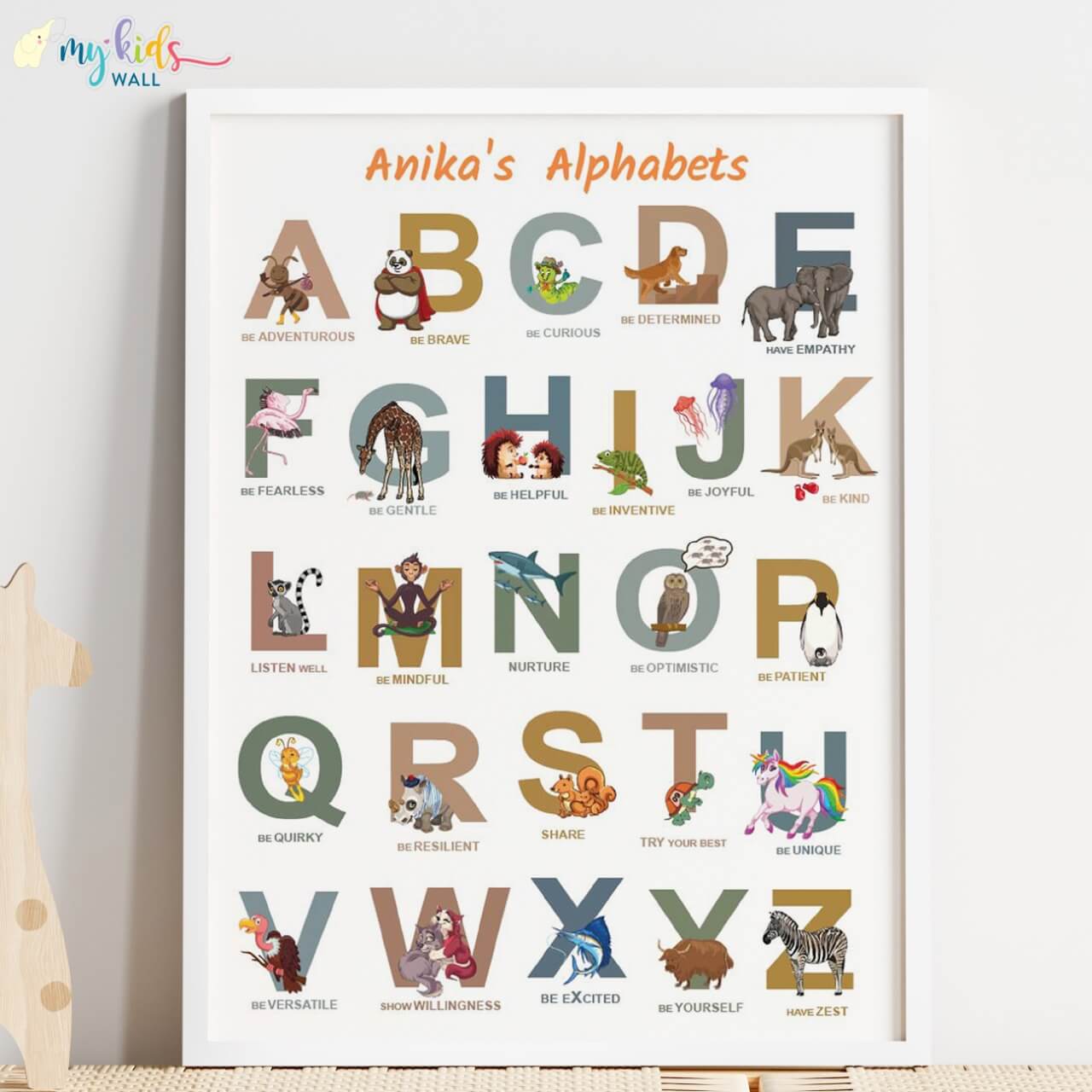 Animal-themed alphabet white wall frame of positive emotions