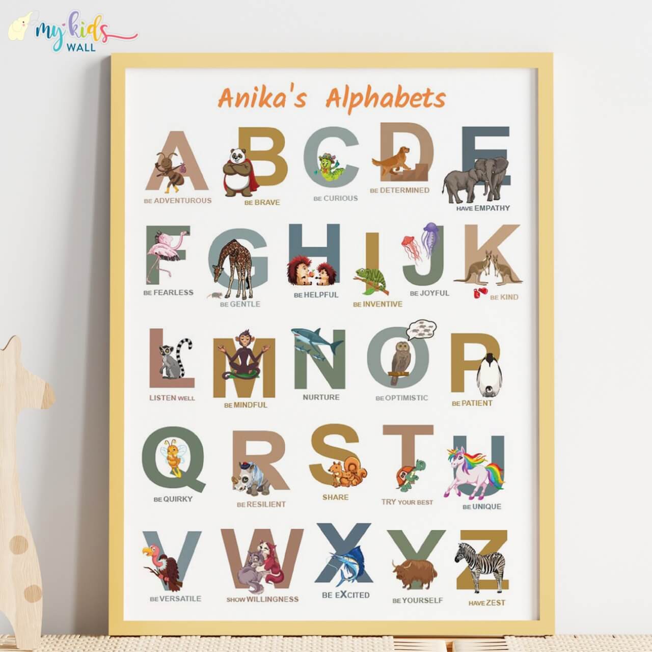 Animal-themed alphabet wooden wall frame of positive emotions