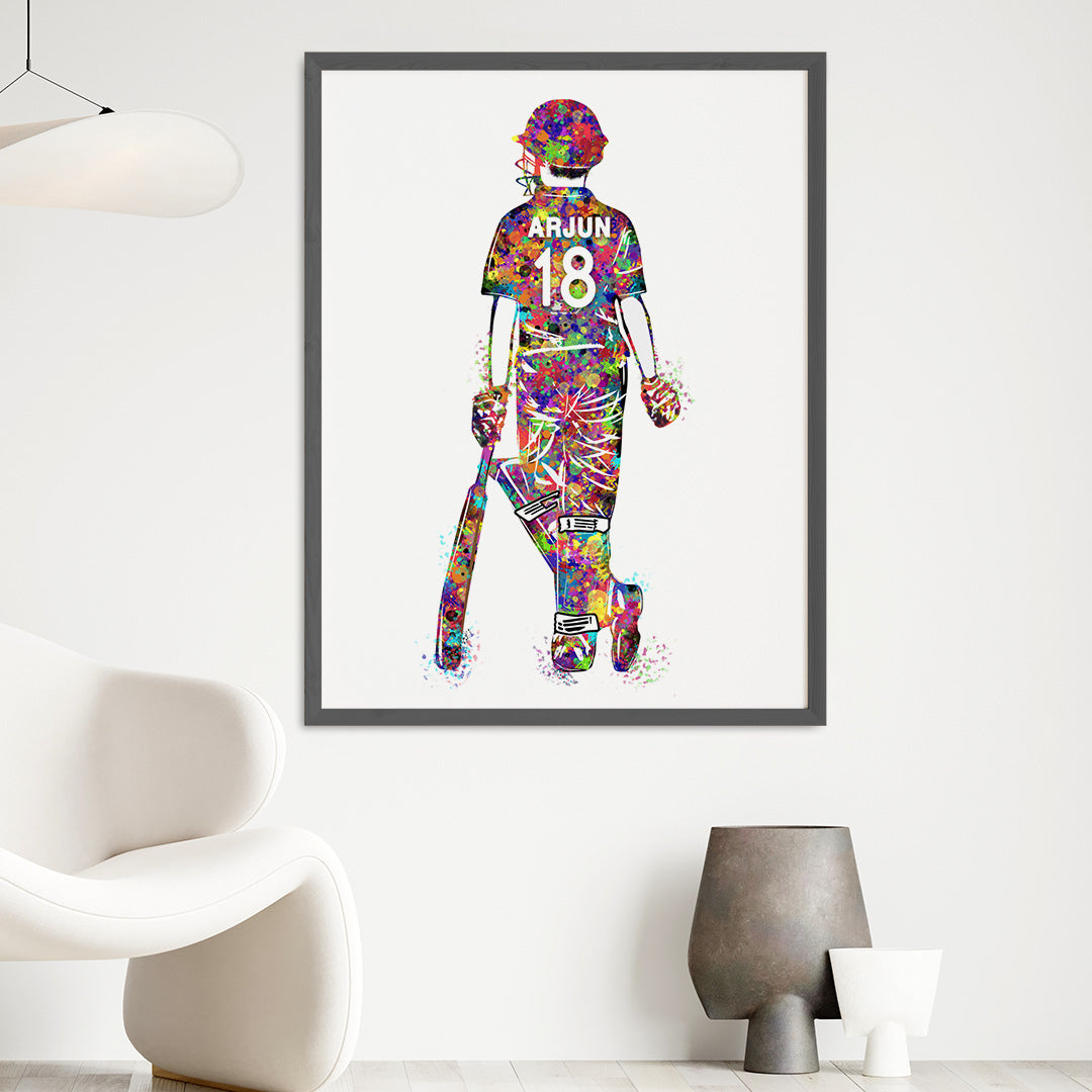 Cricket Player Boy Personalised Wall Art (Big Frame)