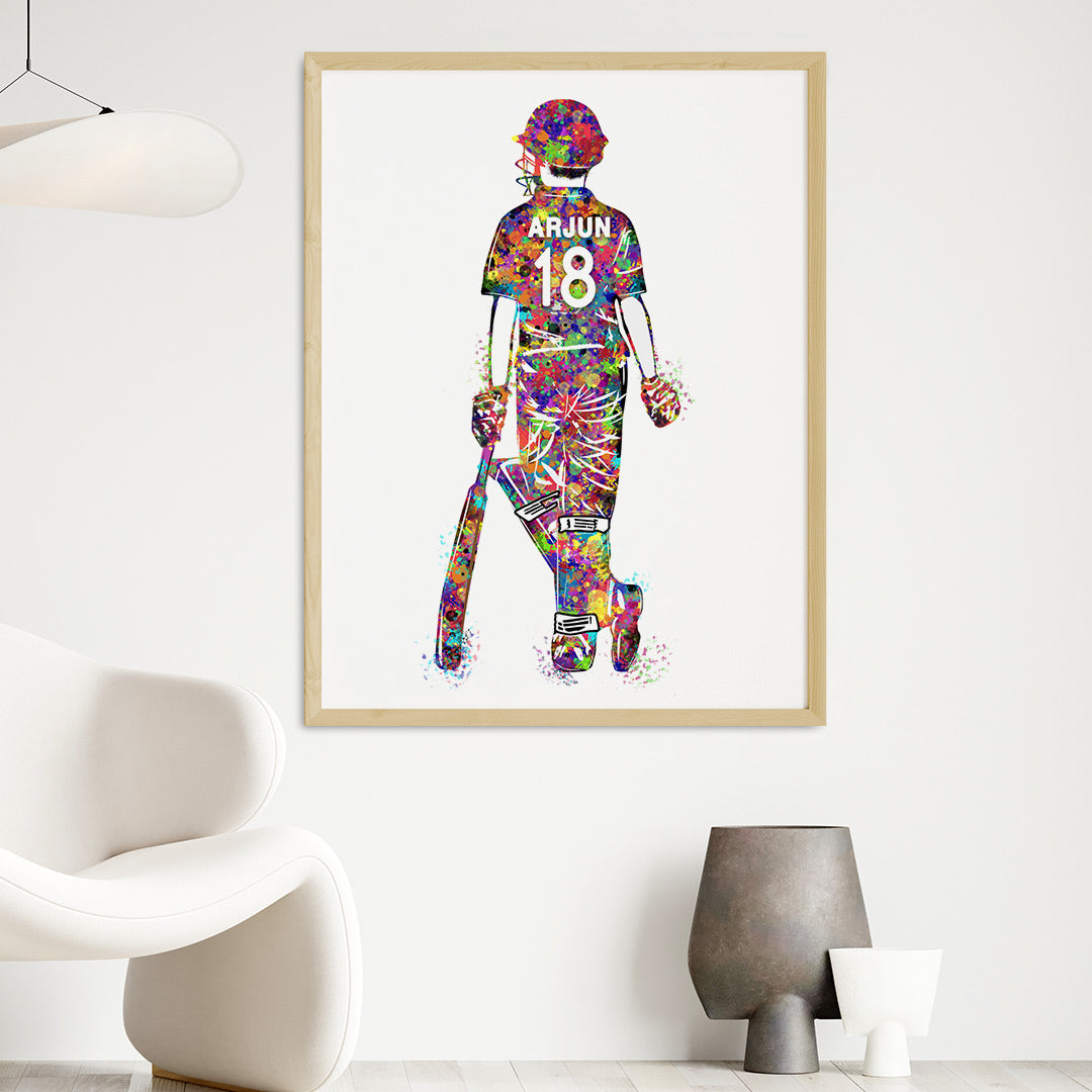 Cricket Player Boy Personalised Wall Art (Big Frame)