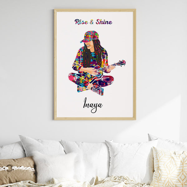 Load image into Gallery viewer, &#39;Ukulele Player Girl&#39; Personalized Wall Art (Big Frame)
