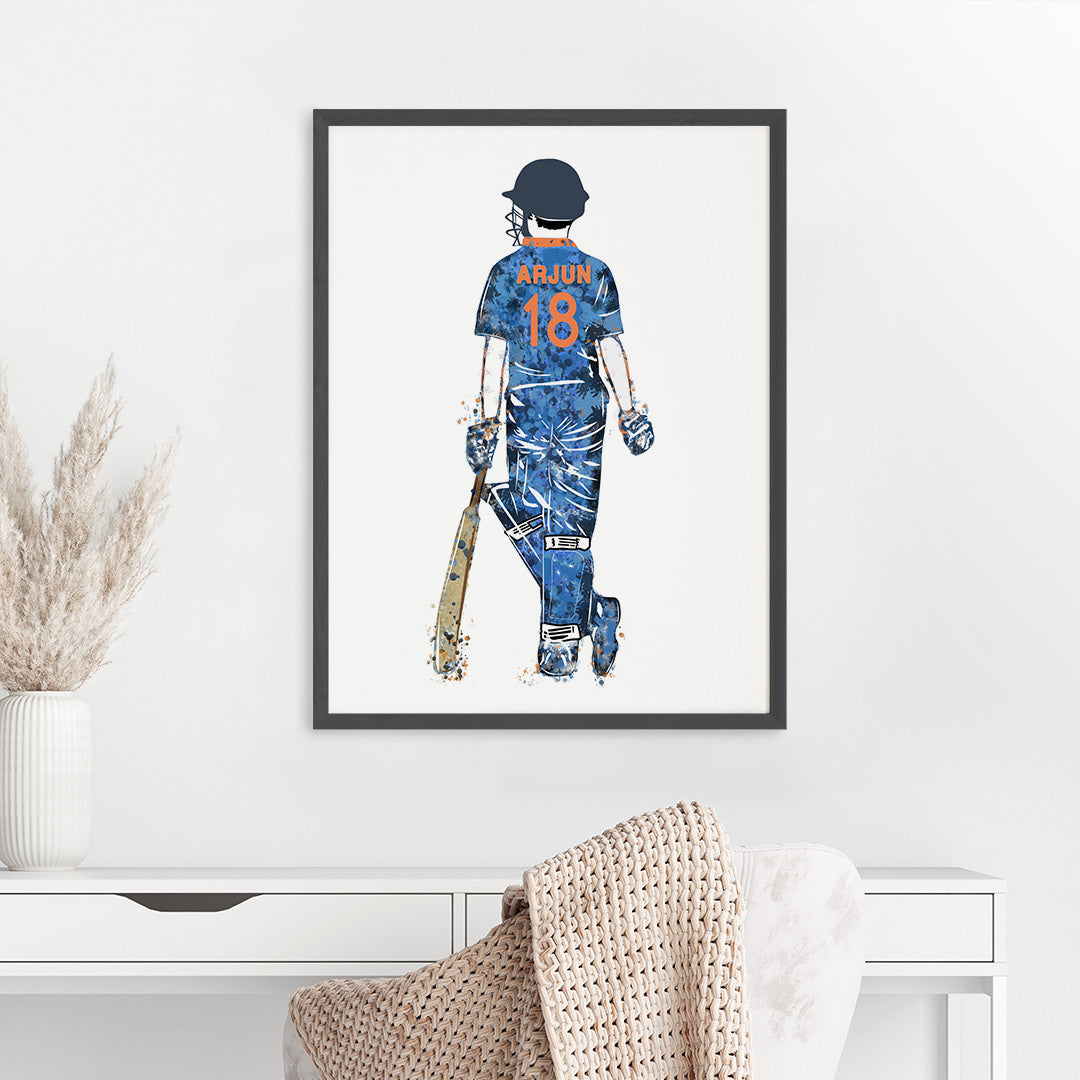 Cricket Player Boy Personalised Wall Art (Big Frame)