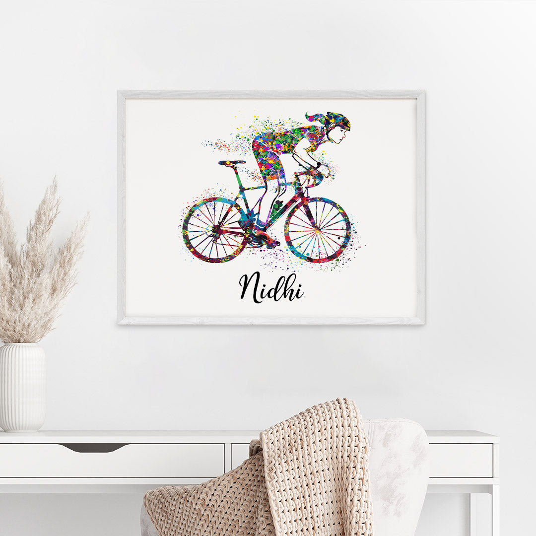 Racing Cyclist Girl Personalized Wall Art (Framed)