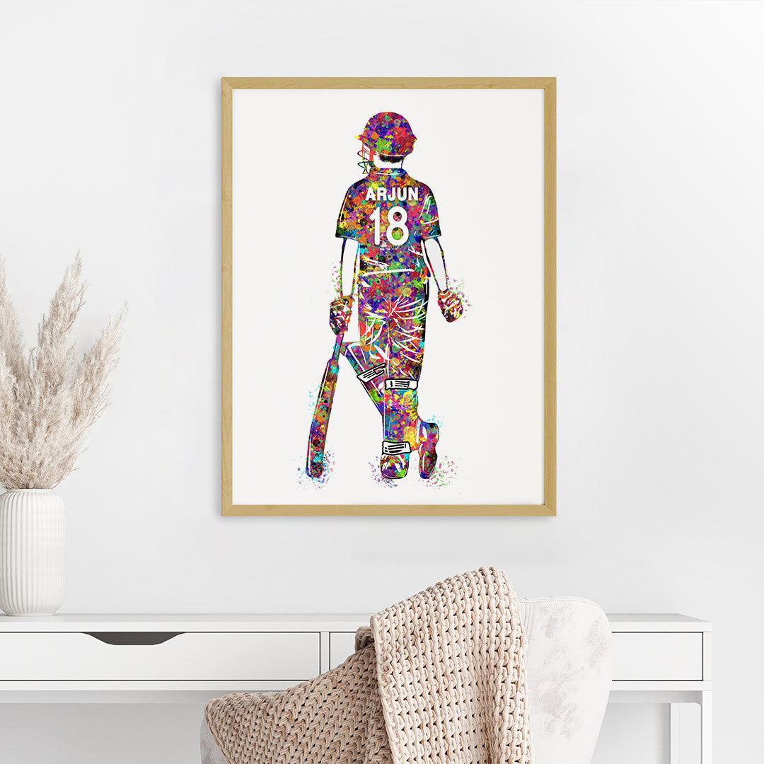 Cricket Player Boy Personalised Wall Art (Big Frame)