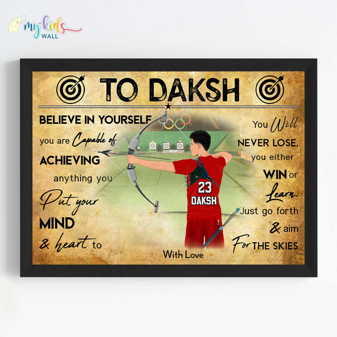 Archer boy aiming at a target motivational black wall frame