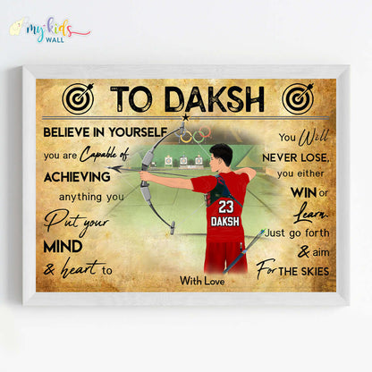 Personalized motivational wall art in a white frame for a boy featuring an archer in a red jersey aiming at a target.