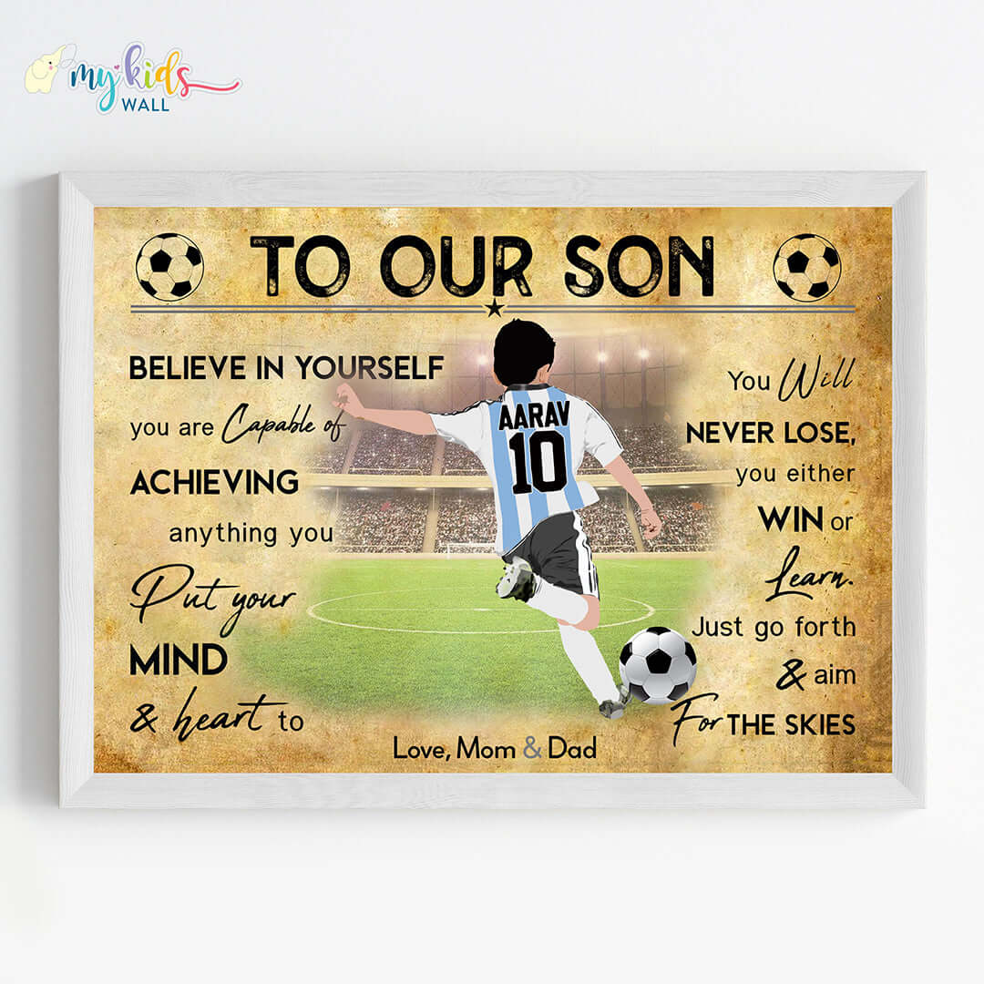 Motivational Argentina Football Player wall art white frame