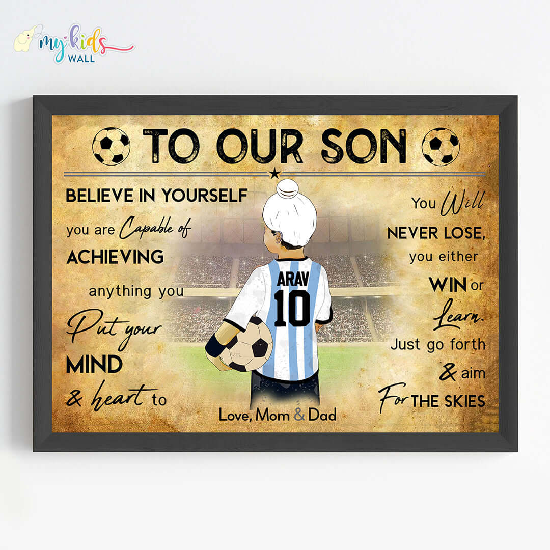 Argentina Motivational football player sikh boy wall art black frame