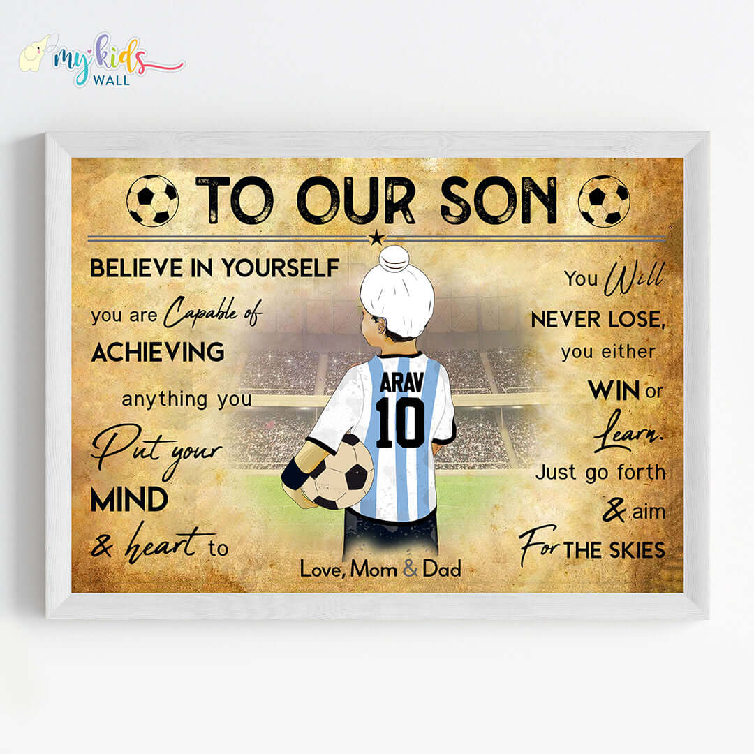 Portugal Motivational football player sikh boy wall art white frame