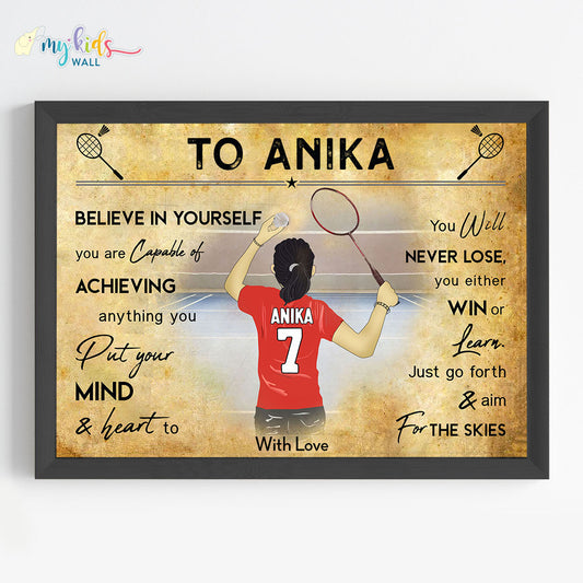 Badminton Player Girl Personalized Motivational Wall Art (Framed)