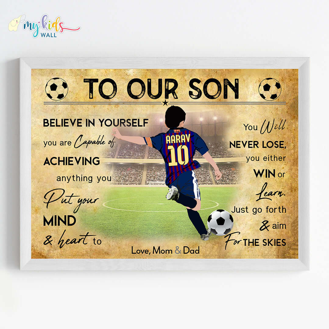 Motivational Barcelona Football Player wall art white frame