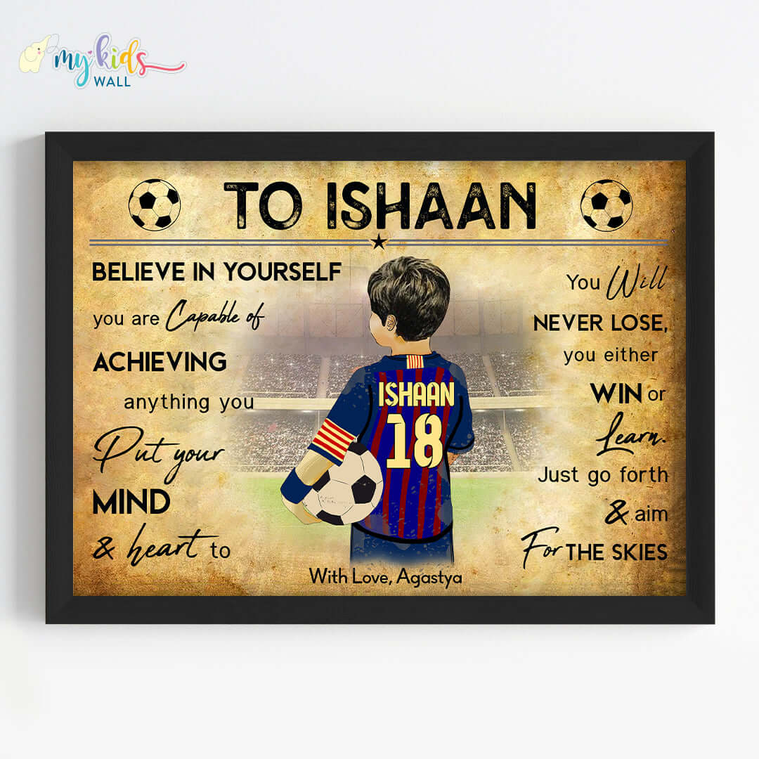 Barcelona Motivational football player boy wall art black frame