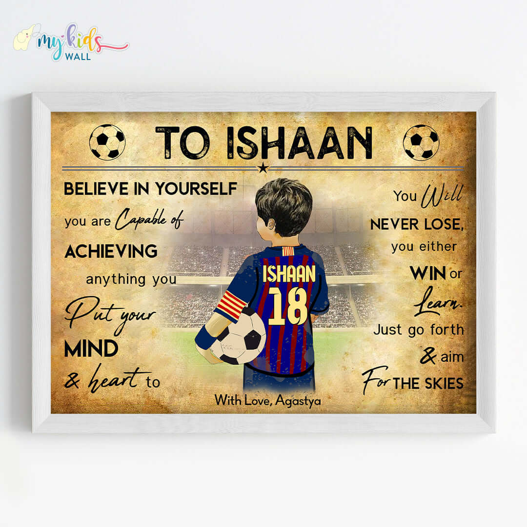 Barcelona Motivational football player boy wall art white frame