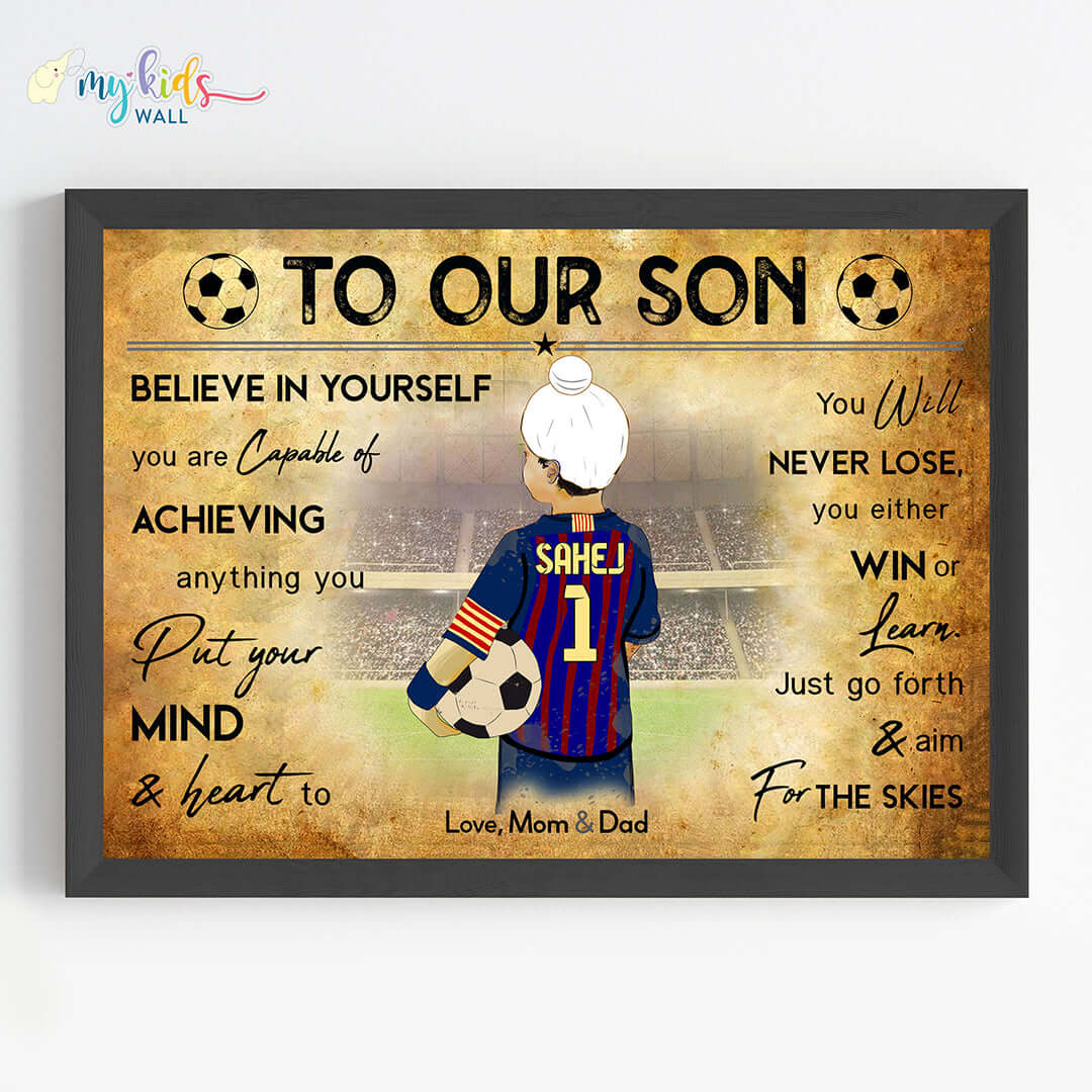 Barcelona Motivational football player sikh boy wall art black frame