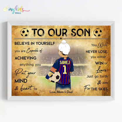 Barcelona Motivational football player sikh boy wall art white frame