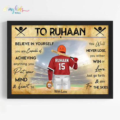 Motivational baseball player black frame