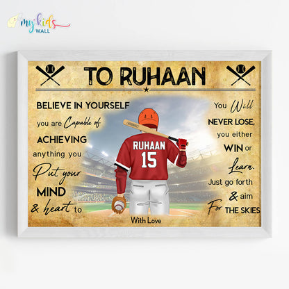 Motivational baseball player white frame