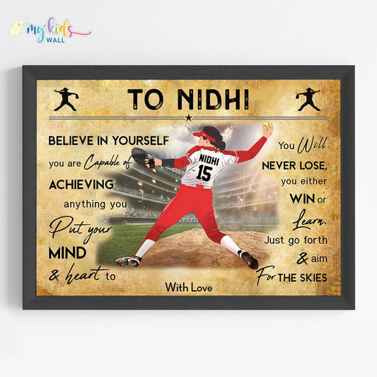 Baseball Player Girl Personalized Motivational Wall Art (Framed) New