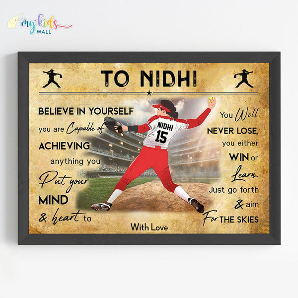 Load image into Gallery viewer, &#39;Baseball Player&#39; Girl Personalized Motivational Wall Art (Framed) New
