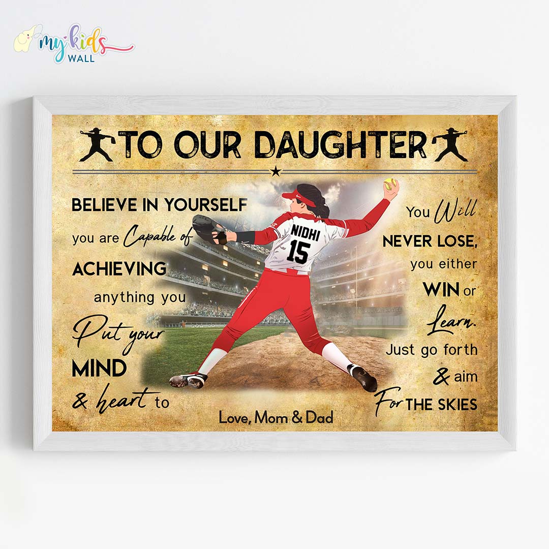 Baseball Player Girl Personalized Motivational Wall Art (Framed) New