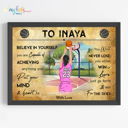 Basketball Player Girl Personalized Motivational Wall Art (Framed)