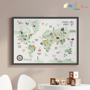 Fun & Learn Green Animals World Map (Framed)