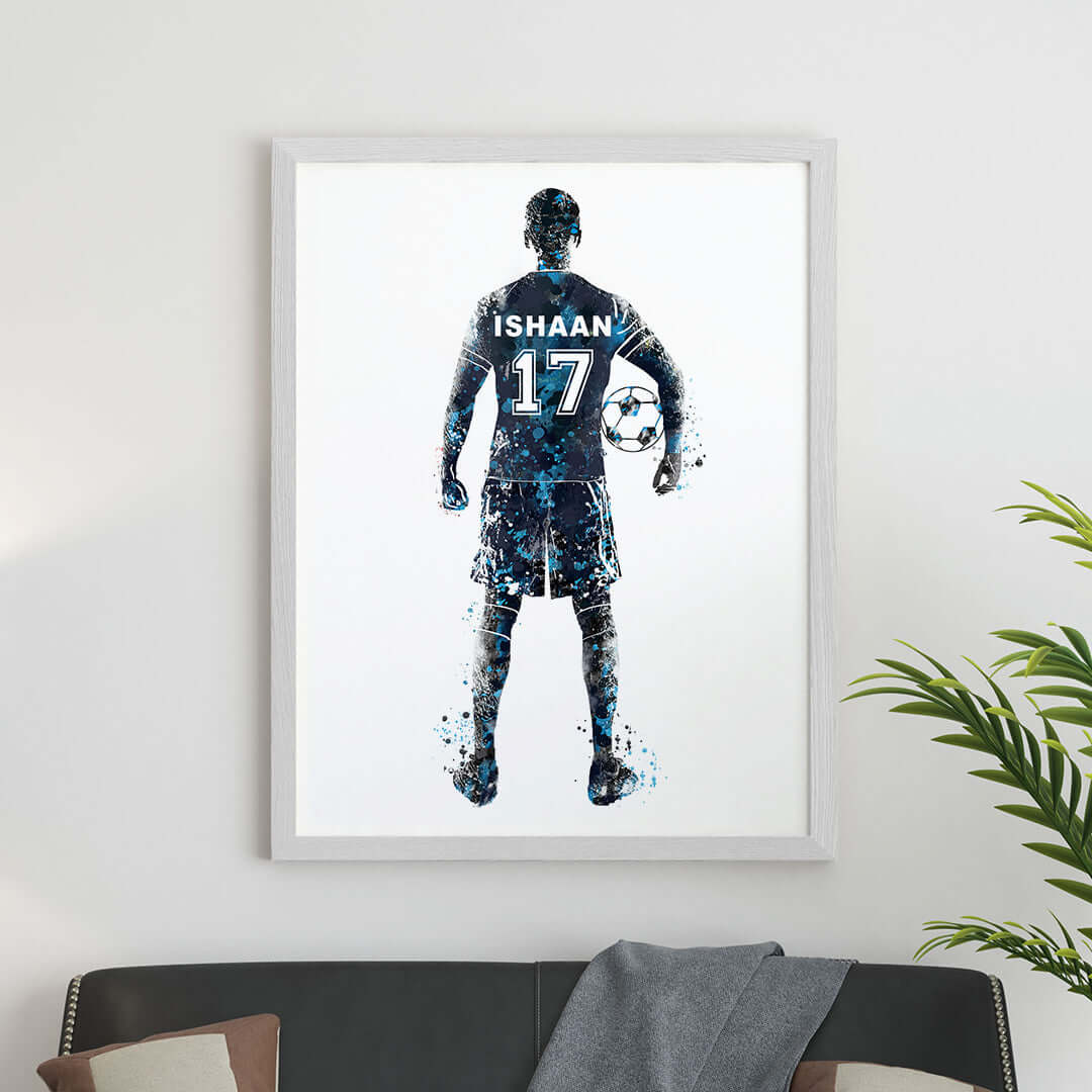 Blue Inspirational football player wall art white frame