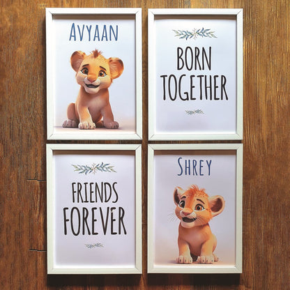 Born Together Friends Forever Twin Cubs Personalized Wall Art (Framed Set of 4)