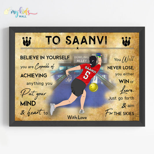 Bowling Player Girl Personalised Motivational Wall Art (Framed)