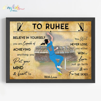 Cricket Player Left Arm Bowler Girl Personalized Motivational Wall Art (Framed)