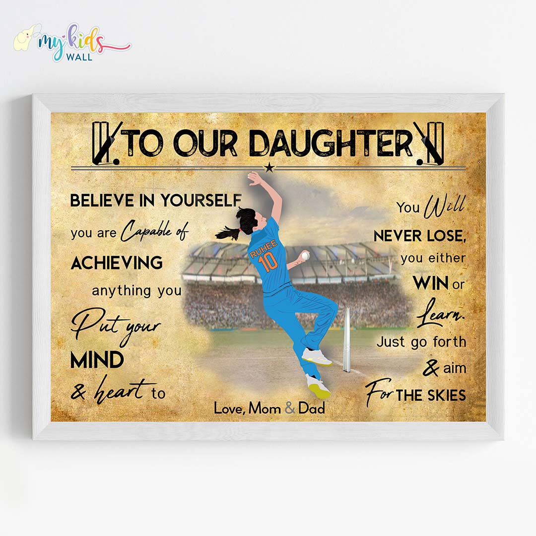 Cricket Player Left Arm Bowler Girl Personalized Motivational Wall Art (Framed)