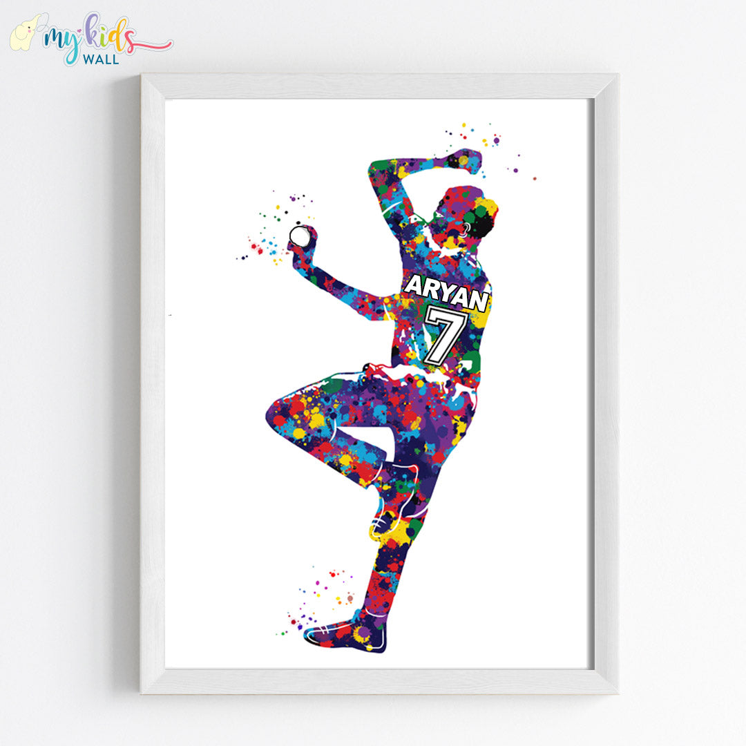 Cricket Fast Bowler Personalized Wall Art White frame