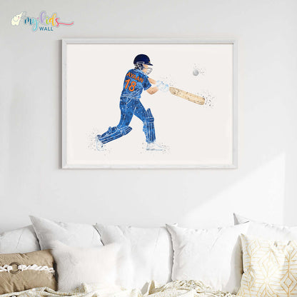 Cricketer Personalised Wall Art Big Frame Blue White
