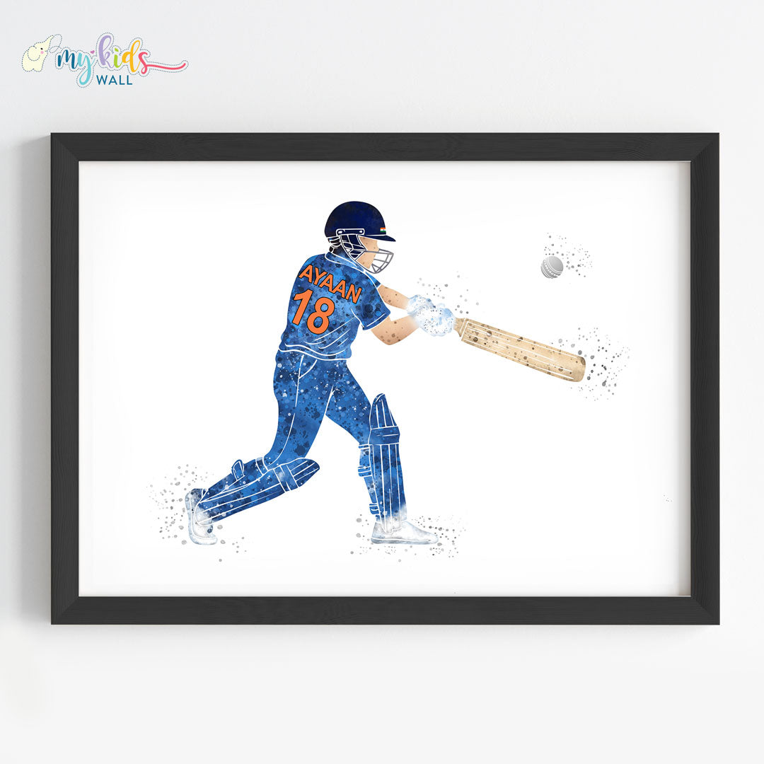 Cricketer Personalised Wall Art Framed Blue Black