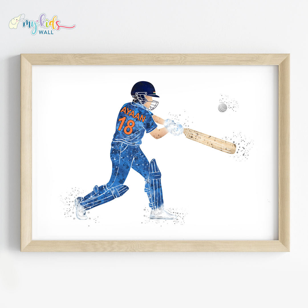 Cricketer Personalised Wall Art Framed Blue Wooden