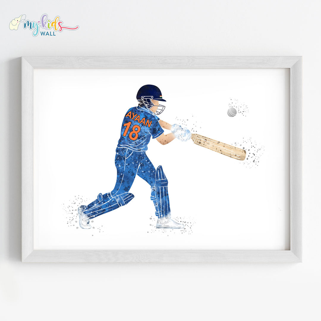 Cricketer Personalised Wall Art Framed Blue White