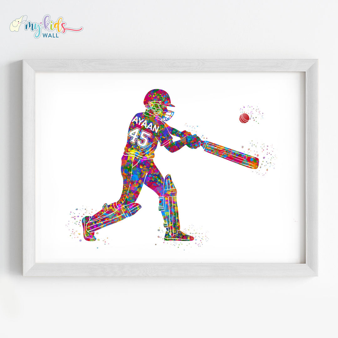 Cricketer Personalised Wall Art Framed White