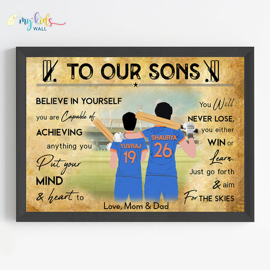 Cricket Player Brothers Personalized Motivational Wall Art (Framed)