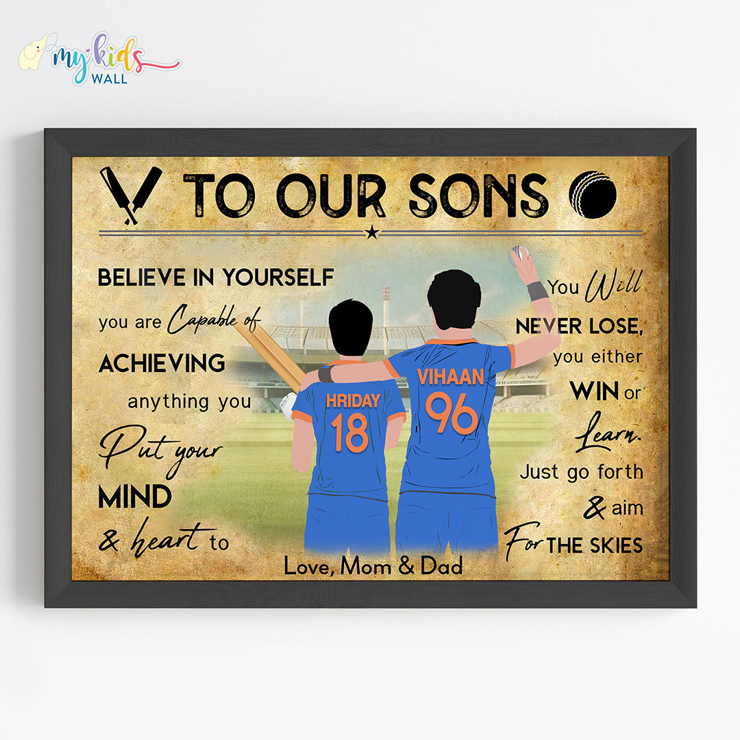 Cricket Batsman & Bowler Brothers Personalized Motivational Wall Art (Framed) New