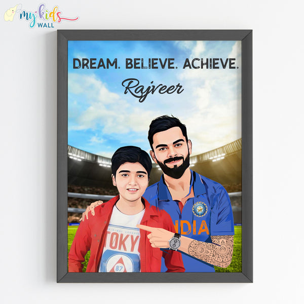 Load image into Gallery viewer, &#39;Cricket Champ with Virat Kohli&#39; Personalized Portrait (Framed) New

