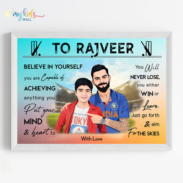 Load image into Gallery viewer, &#39;Cricket Champ with Virat Kohli&#39; Personalized Motivational Portrait (Framed)
