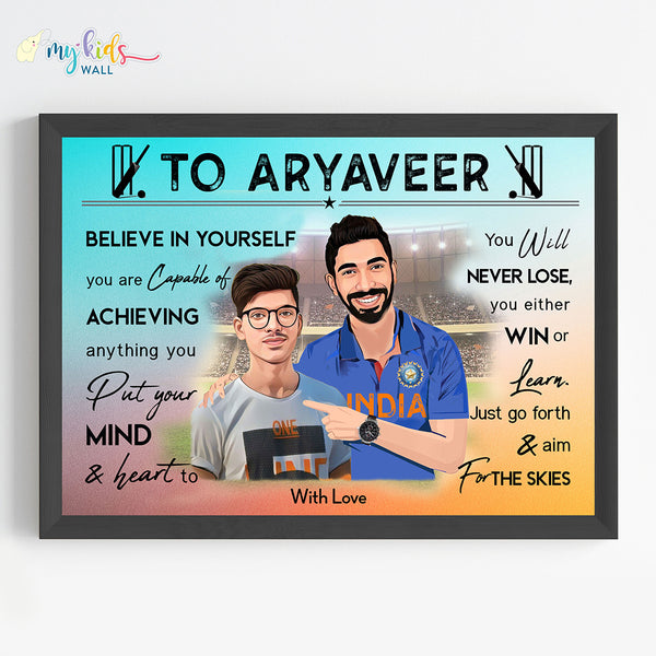 Load image into Gallery viewer, &#39;Cricket Champ with Jasprit Bumrah&#39; Personalized Motivational Portrait (Framed) New
