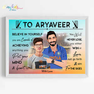 'Cricket Champ with Jasprit Bumrah' Personalized Motivational Portrait (Framed) New