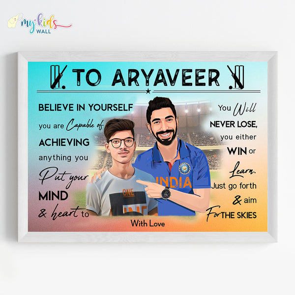 Load image into Gallery viewer, &#39;Cricket Champ with Jasprit Bumrah&#39; Personalized Motivational Portrait (Framed)
